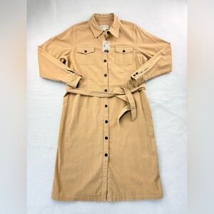 NEW Orvis Tan Corduroy Button-Up Belted Midi Dress 100% Cotton Sz 18